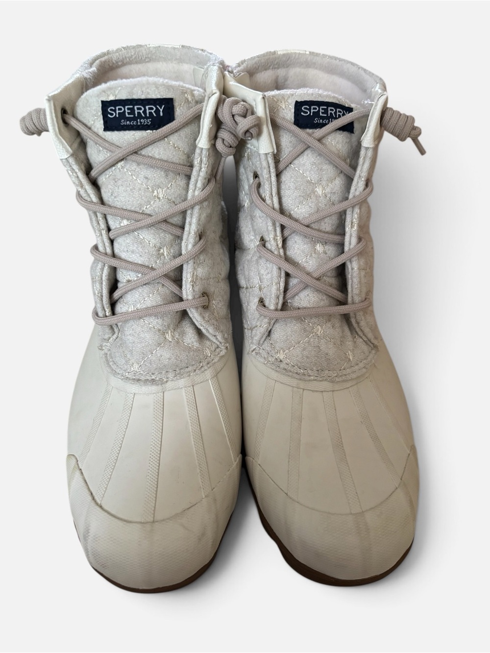 Sperry Syren Ivory Quilted Wool Upper Shaft Waterproof Rubber Duck Bottom